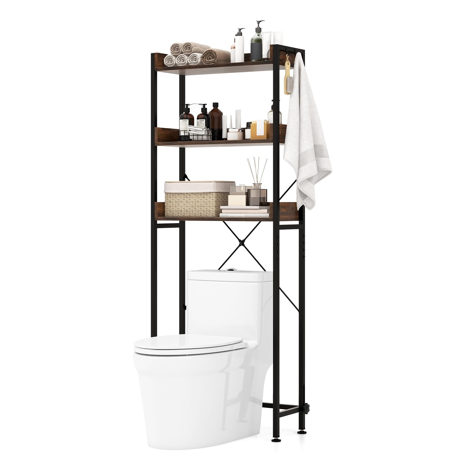 Tangkula Over The Toilet Storage Rack, 3-Tier Bathroom Space Saver w/ 4 Hooks & Adjustable Bottom Bar